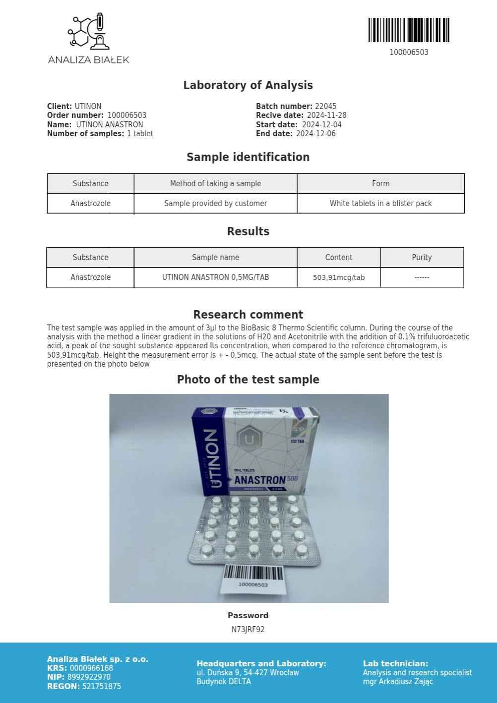 Anastron (Anastrozole) 100tabs/0.5mg/tab