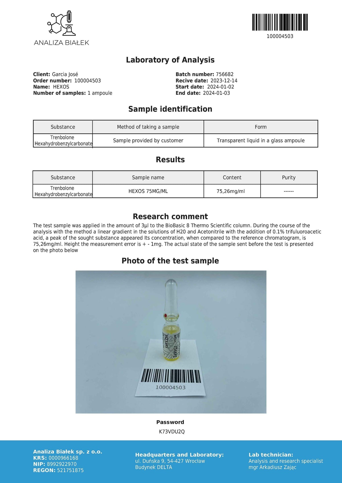 Hexos 75 mg/ml (Trenbolone Hexahydrobenzyl Carbonate) 10ml vial