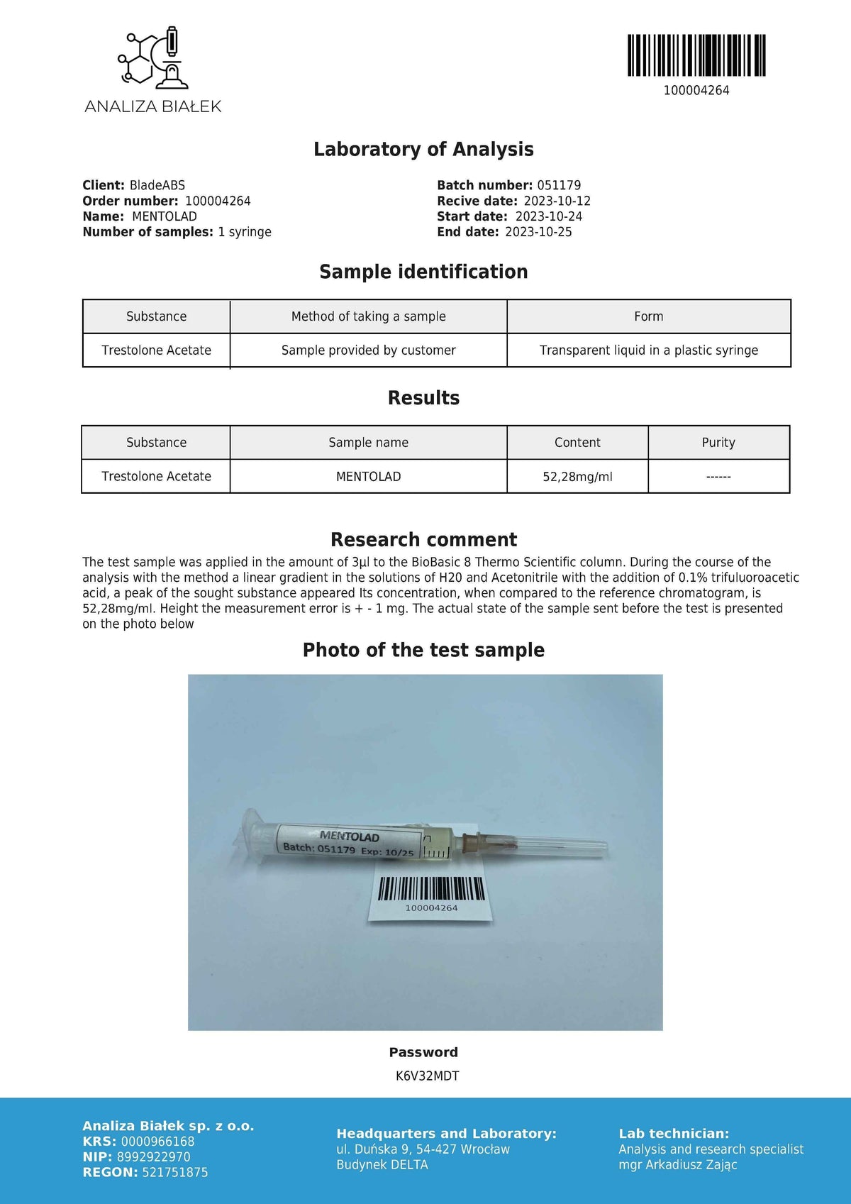 Mentolad 50 mg/ml (Trestolone acetate) 10ml vial