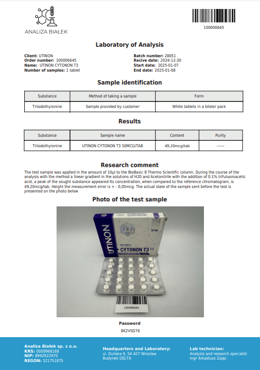Cytonon T3 (Liothyronine Sodium/Cytomel T3) 50tabs/50mcg/tab