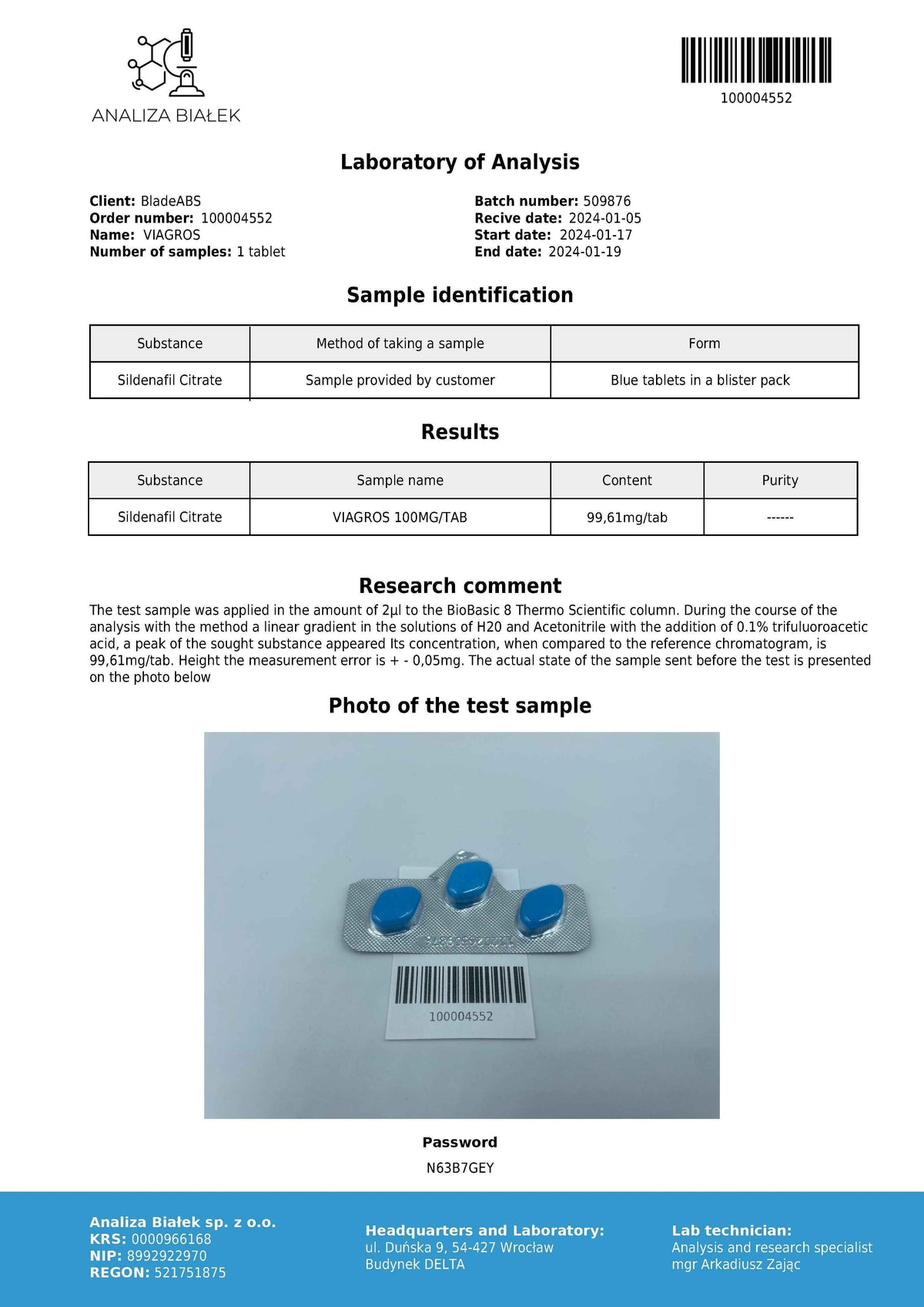 Viagros (Sildenafil Citrate) 20tabs/100mg/tab
