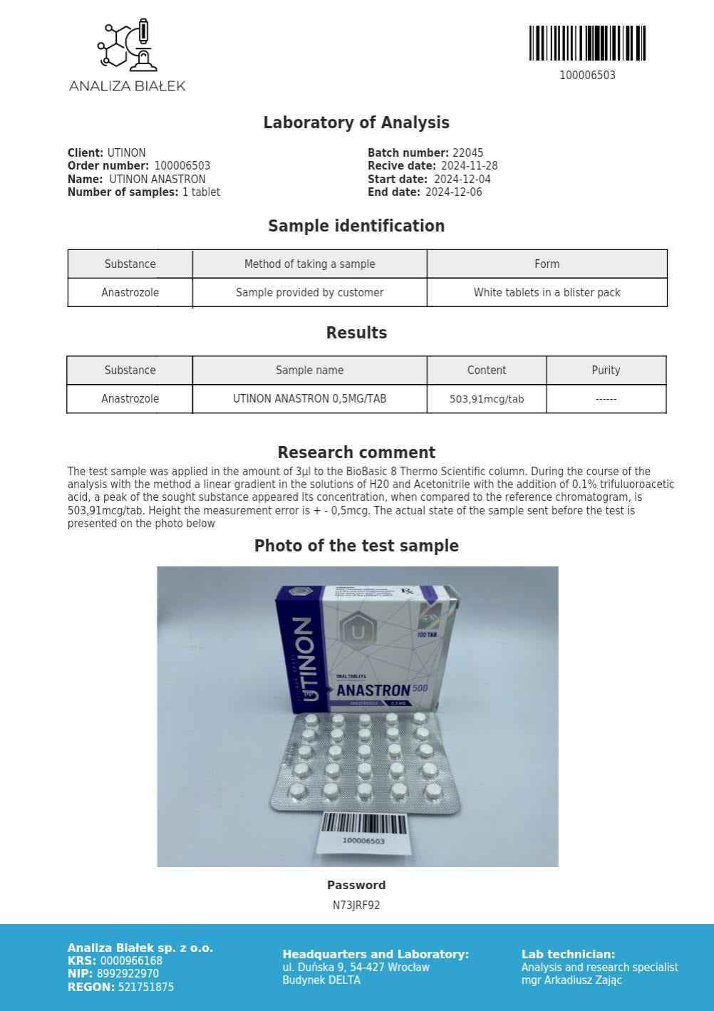 Anastron (Anastrozole) 100tabs/0.5mg/tab
