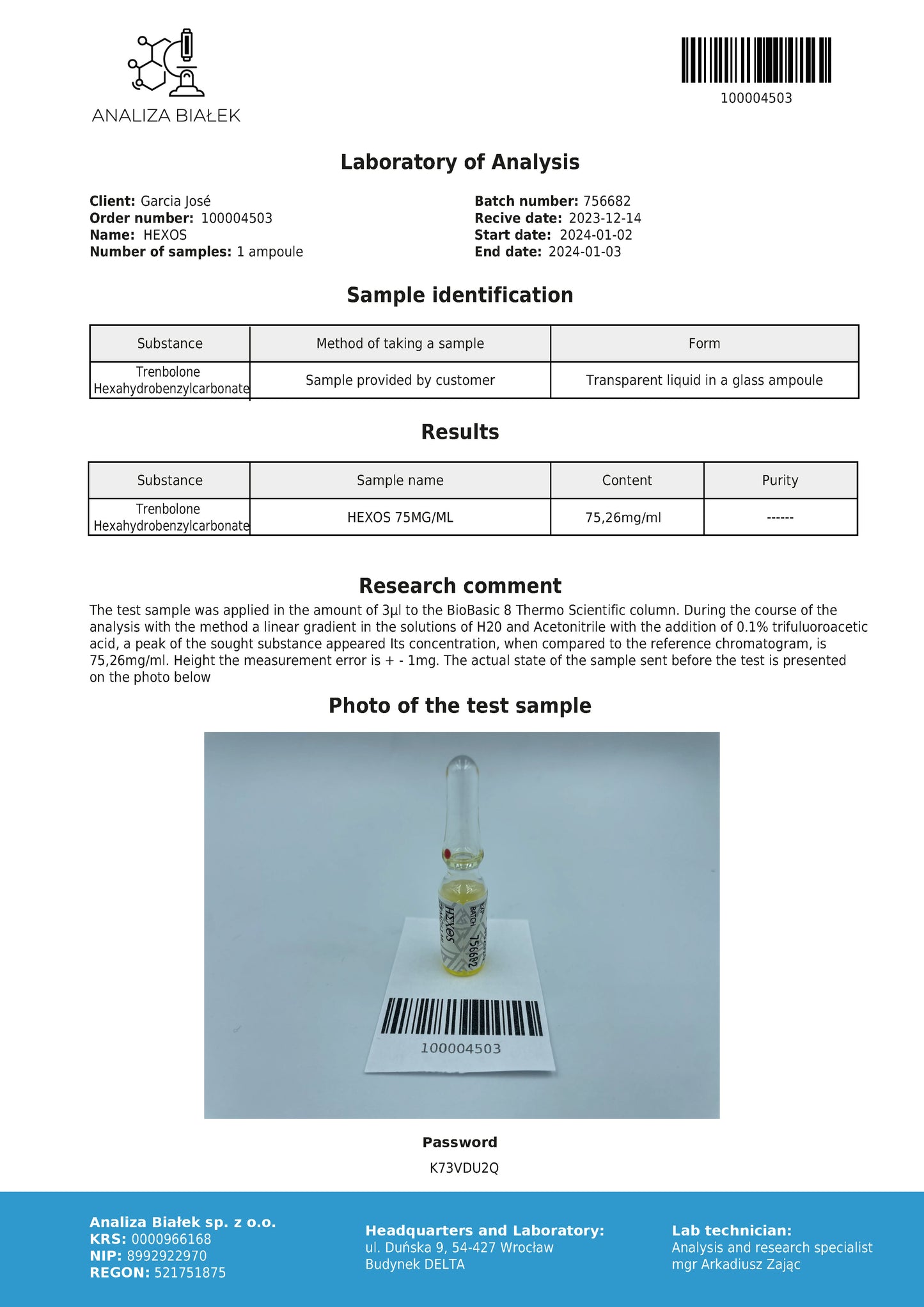 Hexos 75 mg/ml (Trenbolone Hexahidrobenzil Carbonat) 10ml flacon